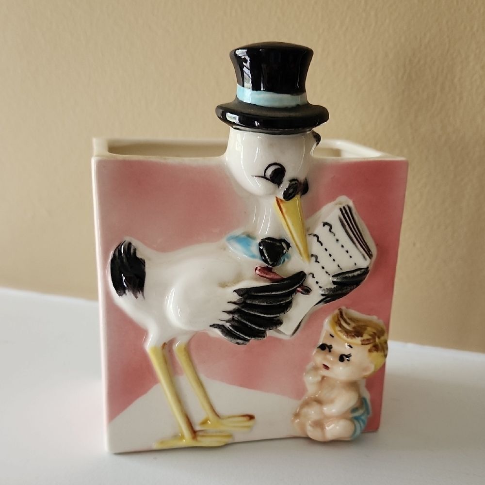 Vintage Shafford Japan Porcelain Planter Featuring Stork & Baby Boy